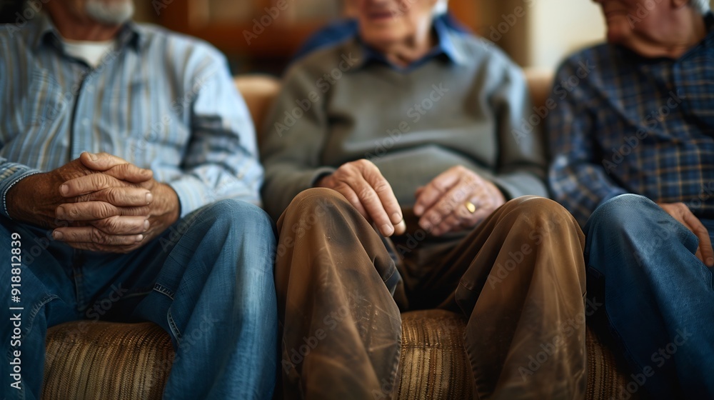 Fototapeta premium Men sofa and support with friends in communication hand gesture and grief with pain or loneliness Elderly men diversity and conversation on mental health or emotional counselling on sa : Generative AI