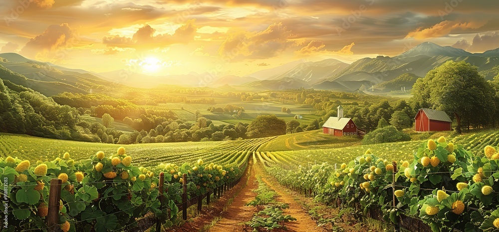 Naklejka premium A breathtaking view of a vineyard at sunset with rolling hills, a farmhouse, and a picturesque sky.