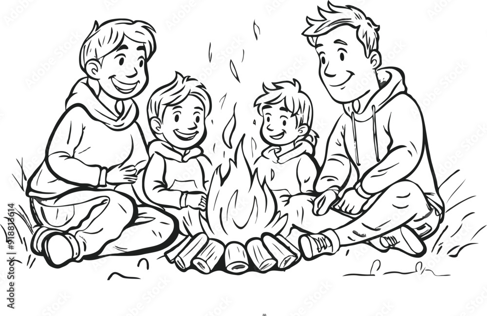 Campfire, family enjoying warmth. White background Campfire, family enjoying warmth. White background