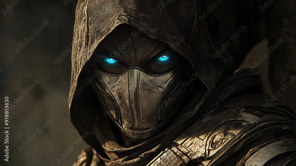 Unleash the Power: Stealthy Character in Metallic Armor with Dual-Toned Mask and Intense Blue Eyes – Perfect for a Bold Sports Interior Poster! Unleash the Power: Stealthy Character in Metallic Armor with Dual-Toned Mask and Intense Blue Eyes – Perfect for a Bold Sports Interior Poster!