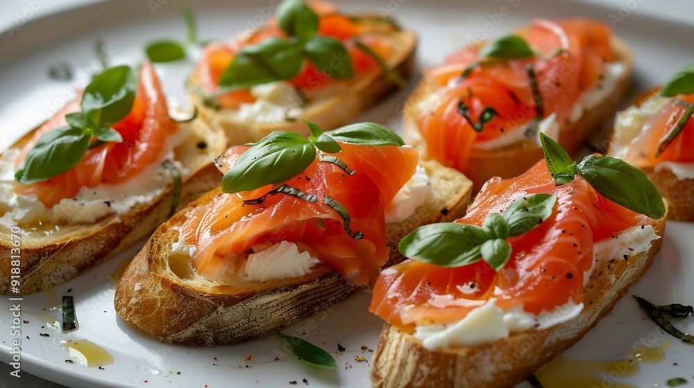 Bruschetta with smoked trout slices and cream cheese on baguette on white plate Top view : Generative AI Bruschetta with smoked trout slices and cream cheese on baguette on white plate Top view : Generative AI