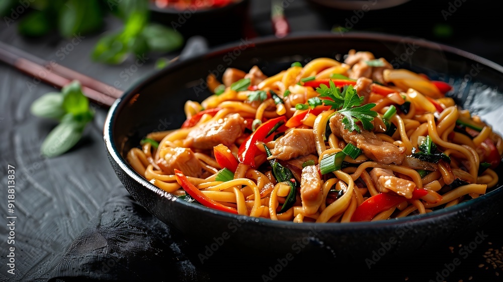 Stir fry chow mein noodles with pork and vegetable in black bowl asian style food : Generative AI Stir fry chow mein noodles with pork and vegetable in black bowl asian style food : Generative AI