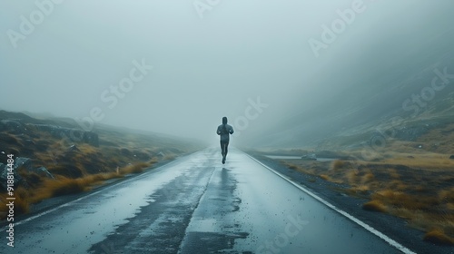 Man running on an empty road on the foggy morning with copy space : Generative AI