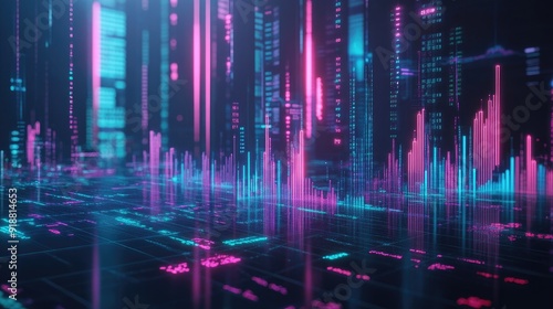 Abstract depiction of financial graphs and charts in neon colors