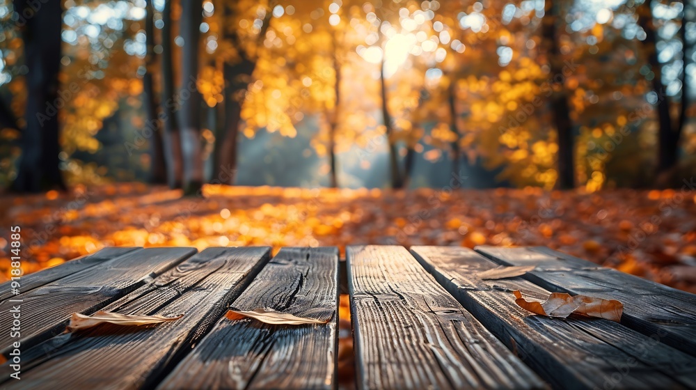 Empty wooden table with tablecloth over autumn nature park background : Generative AI Empty wooden table with tablecloth over autumn nature park background : Generative AI