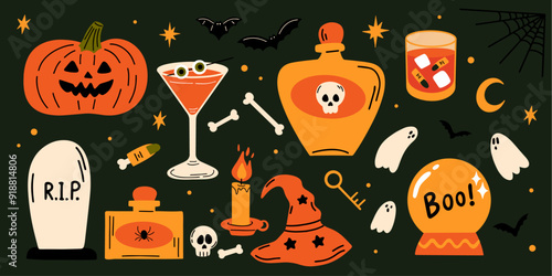 Halloween concept spooky cartoon vector illustration set, cute pumpkin, potion, tombstone, bats, skull, bones, ghost, witch hat stickers, magical elements collection, autumn holiday party decoration