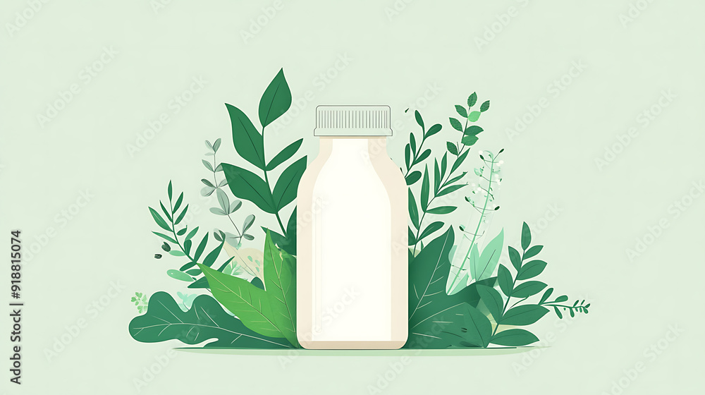 Herbal supplement bottle surrounded by green leaves illustration Herbal supplement bottle surrounded by green leaves illustration