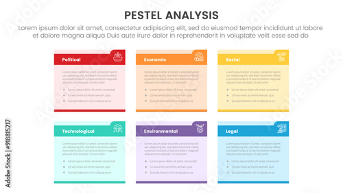 pestel business analysis tool framework infographic with small table box with strong header badge with 6 point stages concept for slide presentation