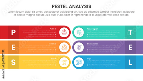 pestel business analysis tool framework infographic with round rectangle circle edge opposite direction with 6 point stages concept for slide presentation