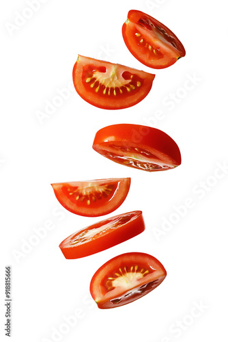 Flying tomato slices isolated on white background photo