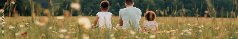 Multiracial Family Enjoying Spring Picnic in Meadow Parents and Children Celebrating Nature Together