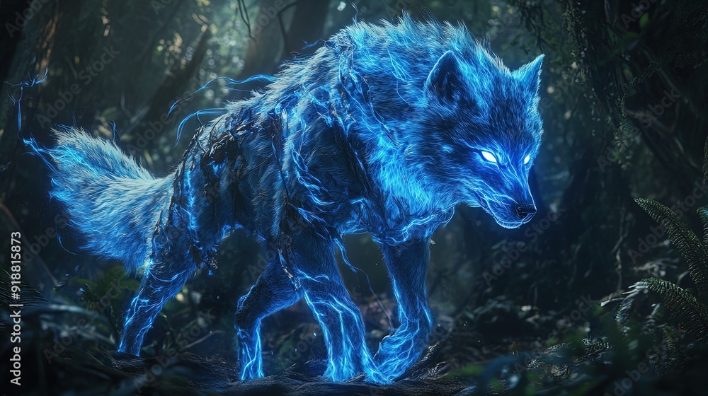 Fototapeta Enchanting Supernatural Wolf: A Striking Poster for Sports Decor Featuring a Luminous Blue-Furred Creature in a Magical Forest