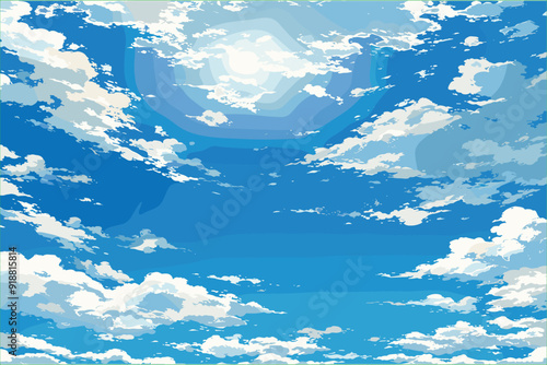Blue sky clouds sunny day  Background design, Vector. Blue sky with clouds. Anime style background with shining sun and white fluffy clouds. Sunny day sky. Sky with Clouds and Sun. 