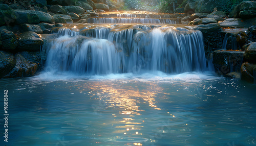 A picturesque waterfall flows gracefully in a dense forest, framed by rich foliage and the tranquillity of nature.