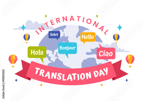 World Translator or Translation Language Day Illustration with Hello Greetings in Different Countries and Multilingual International Communication
