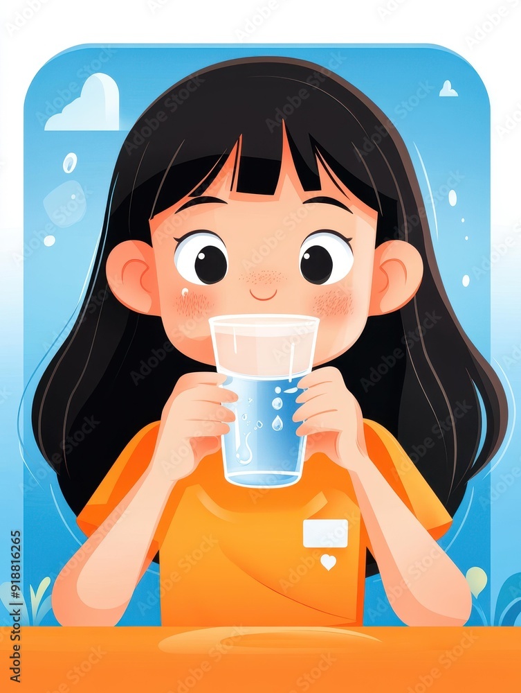 A joyful girl drinks water postplay, as streams symbolize hydrations flow to energize her vibrant body. A joyful girl drinks water postplay, as streams symbolize hydrations flow to energize her vibrant body.