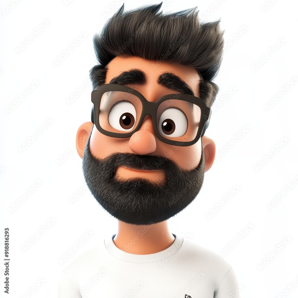 A 3D cartoon figure of a man with a short black beard, stylish glasses, and a trendy hairdo, ready for some fun adventures A 3D cartoon figure of a man with a short black beard, stylish glasses, and a trendy hairdo, ready for some fun adventures