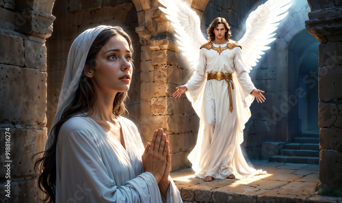 High detailed art illustration bible scene concept. The Annunciation of Blessed Virgin Mary. The archangel Gabriel told Mary that she would have a son, whom she was to name Jesus.