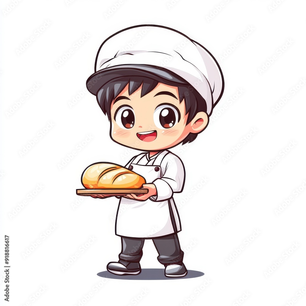 A cheerful cartoon baker, 3, charming and vivid, stands out with friendly vibes against a crisp white backdrop.