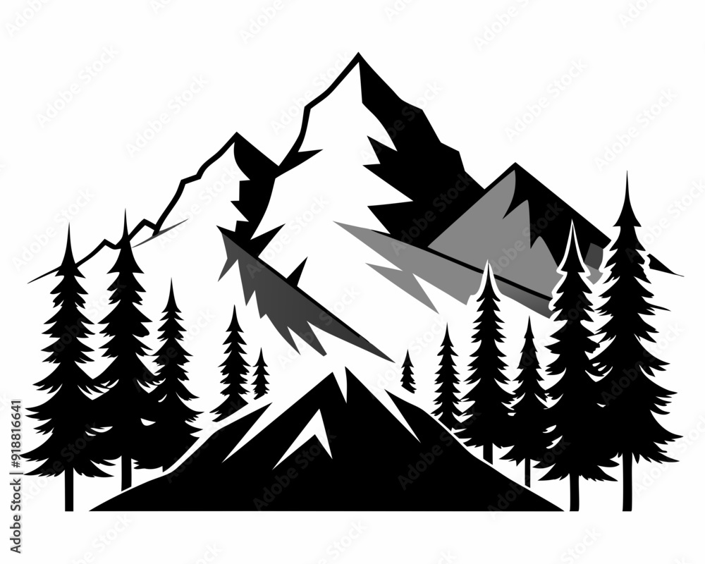 Minimalist mountain massif in the Alps with pine trees, flat design, black and white, vector Illustration white background Minimalist mountain massif in the Alps with pine trees, flat design, black and white, vector Illustration white background