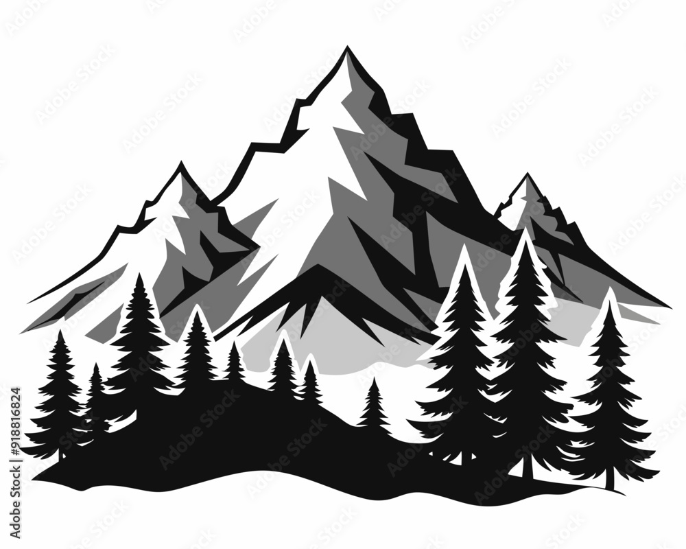 Minimalist mountain massif in the Alps with pine trees, flat design, black and white, vector Illustration white background Minimalist mountain massif in the Alps with pine trees, flat design, black and white, vector Illustration white background