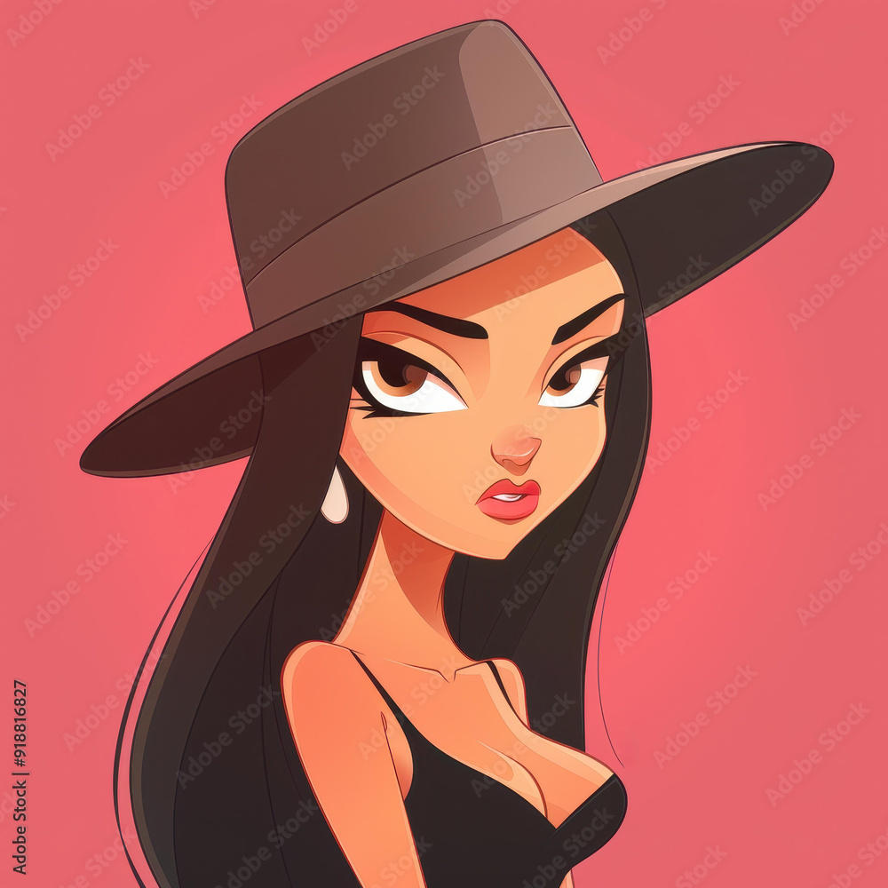 A charming cartoon of a woman radiates joy and elegance with vibrant colors and playful features.