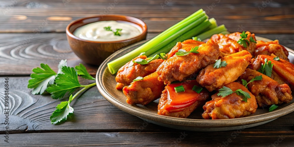 Fototapeta premium Plate of delicious chicken wings with buffalo sauce and celery sticks , food, appetizer, wings, spicy, heat, delicious