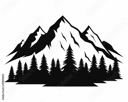 Minimalist mountain massif in the Alps with pine trees, flat design, black and white, vector Illustration white background