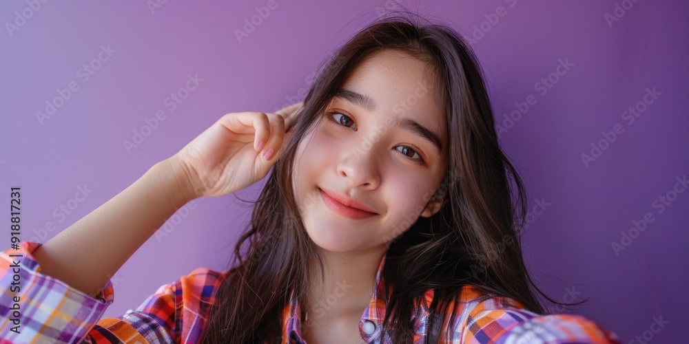 Fototapeta premium A woman with long hair wearing a plaid shirt, suitable for use in casual or outdoor scenes