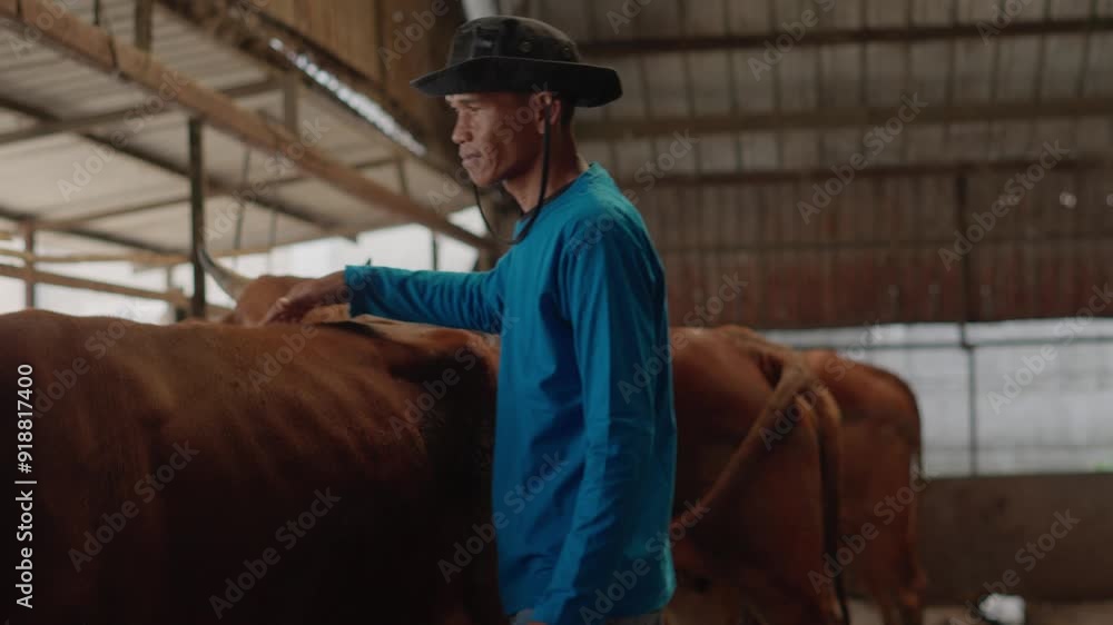 Asian Man Farmer Showing His Healthy Cow And Smiling in Organic Cow Farm Asian Man Farmer Showing His Healthy Cow And Smiling in Organic Cow Farm