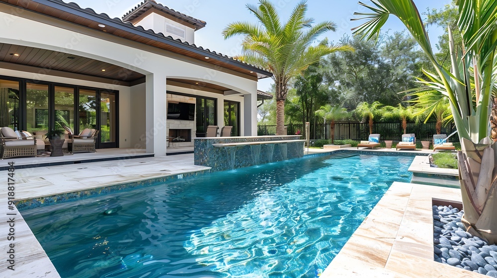 Fototapeta premium Dive into luxury with breathtaking backyard pool designs Transform your outdoor space into a paradise with our stunning pool photography : Generative AI