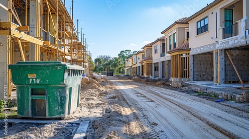 Concrete shells of bilevel townhouses under construction with a green dumpster in front in a suburban residential development on a sunny morning in southwest Florida : Generative AI photo