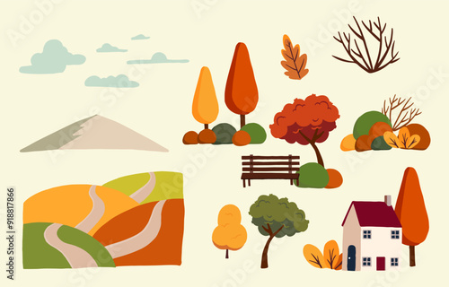 set of element object autumn season for landscape card design