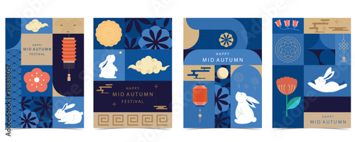 mid-autumn geometric festival background with rabbit,mooncake,moon .vector for a4 vertical design