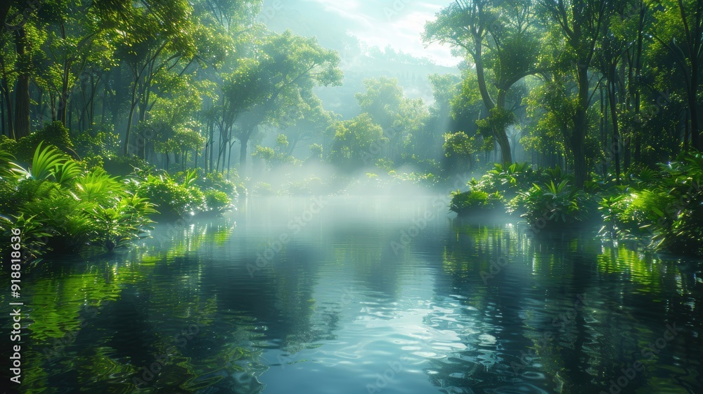 Dense jungle, towering trees and dense vegetation, a misty river flowing through the forest, green plants Dense jungle, towering trees and dense vegetation, a misty river flowing through the forest, green plants