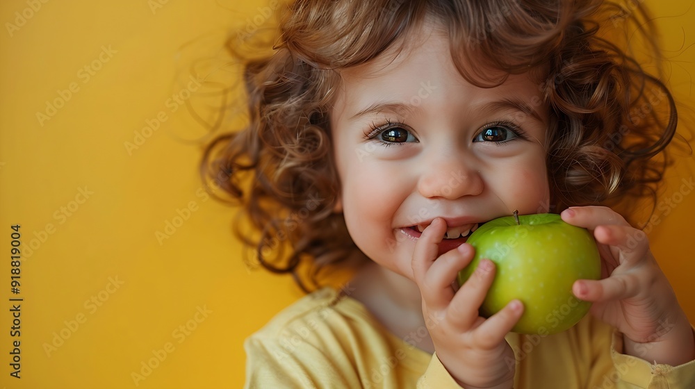 Adorable latin toddler smiling happy eating green apple looking to the camera over isolated yellow background : Generative AI Adorable latin toddler smiling happy eating green apple looking to the camera over isolated yellow background : Generative AI