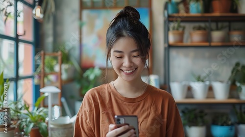 Smiling asian woman using phone after painting in room at new homeAsian young woman resting with coffee after work concept of paint colormoving housedecorating housenew house : Generative AI photo