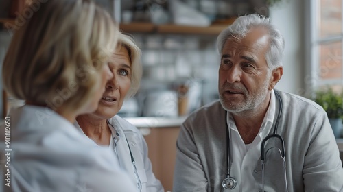 Mature wife and husband talk to therapist during housecall visit at home Professional medical worker share good optimistic health news to old couple explain treatment plan Medicine ins : Generative AI