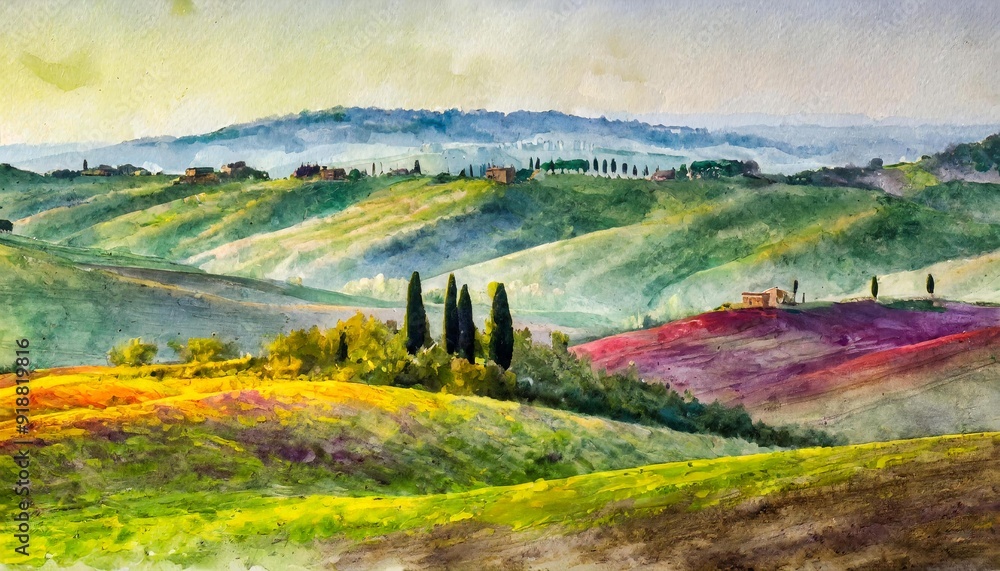 Obraz premium New Watercolor landscape paintings on paper colorful of Village rural, rice field, farm with trees mountain and sky, cloud background