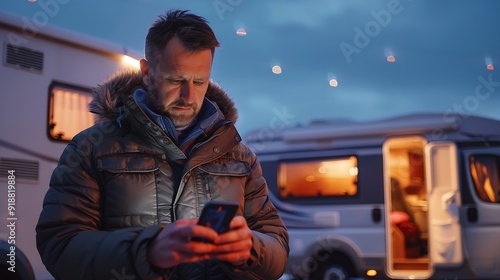 CU Caucasian male using his phone near the RV in the evening Travel planner budget booking application blank screen smartphone mockup : Generative AI