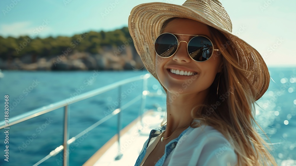 Luxury travel on the yacht Young happy woman on boat deck sailing the sea Yachting in Greece : Generative AI Luxury travel on the yacht Young happy woman on boat deck sailing the sea Yachting in Greece : Generative AI