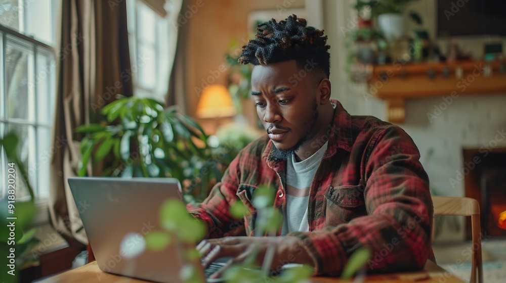 A man with inclusivity in casual clothing is sitting at a table in his home working on his laptop : Generative AI A man with inclusivity in casual clothing is sitting at a table in his home working on his laptop : Generative AI