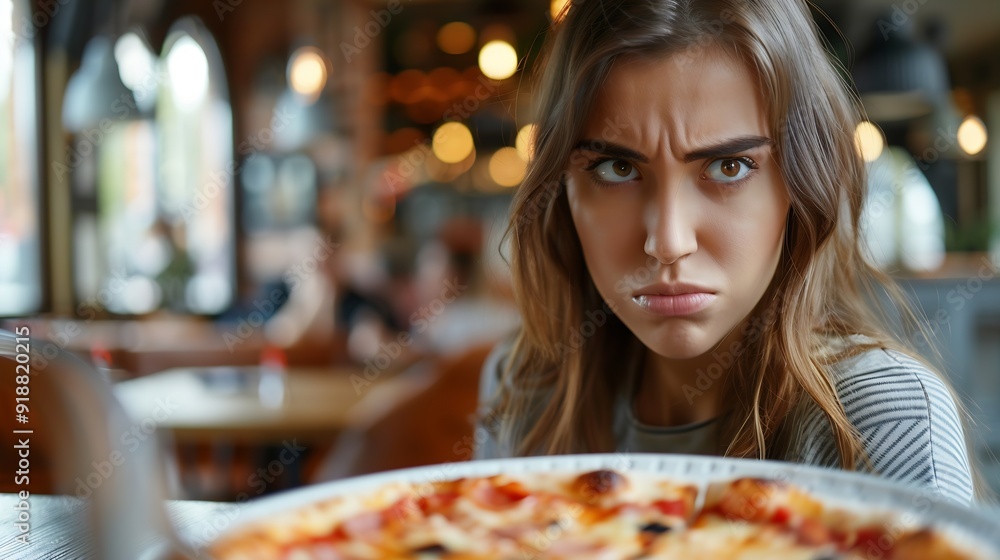 Unhappy Woman refusing to Eat her Pizza Dish in a Restaurant Disgruntled customer not liking the meal sending it back : Generative AI Unhappy Woman refusing to Eat her Pizza Dish in a Restaurant Disgruntled customer not liking the meal sending it back : Generative AI