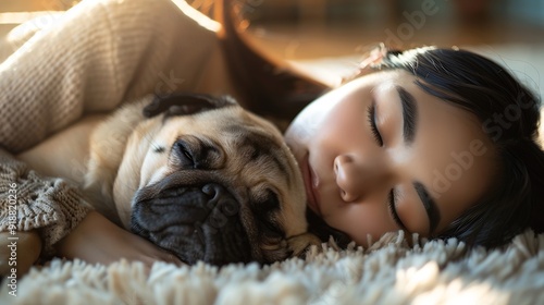 Peaceful asian Woman with eyes closed and Her Pug Dog Enjoying a Relaxing Moment Together on wooden floor and Soft Rug with Sunlight : Generative AI