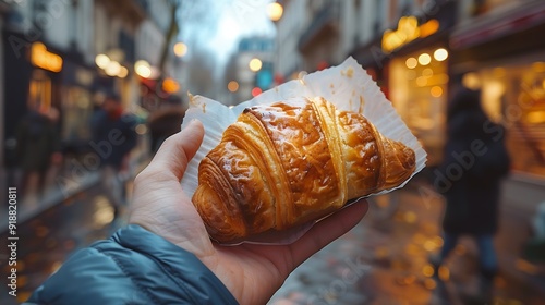 an hand holding a Pain au Chocolat in the streets of Paris  french patries : Generative AI photo