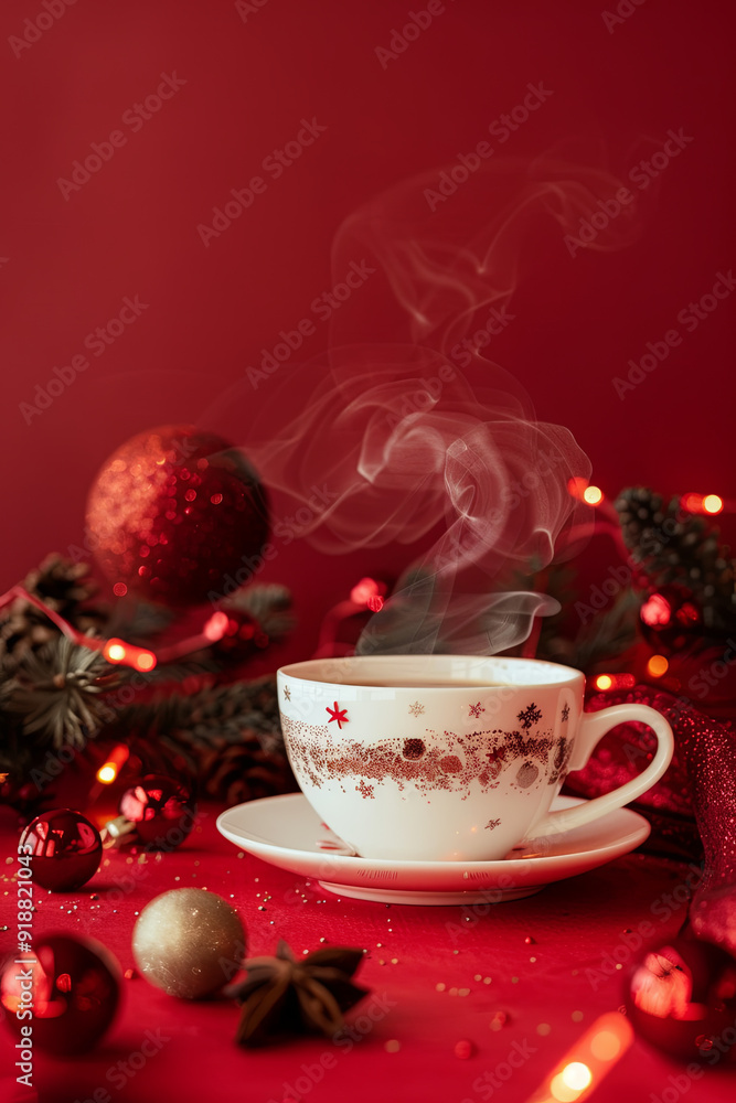 Fototapeta premium Christmas toy made from a fragrant cup of coffee, holiday concept with steaming coffee on a red background
