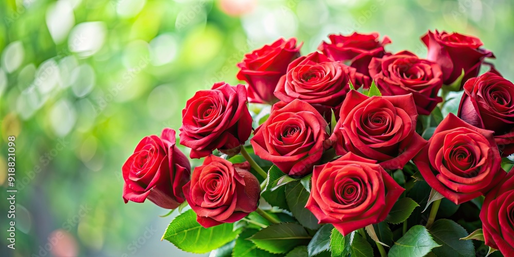 Obraz premium Beautiful bouquet of red roses with green leaves , roses, flowers, floral arrangement, romantic, petals, Valentine's Day, love