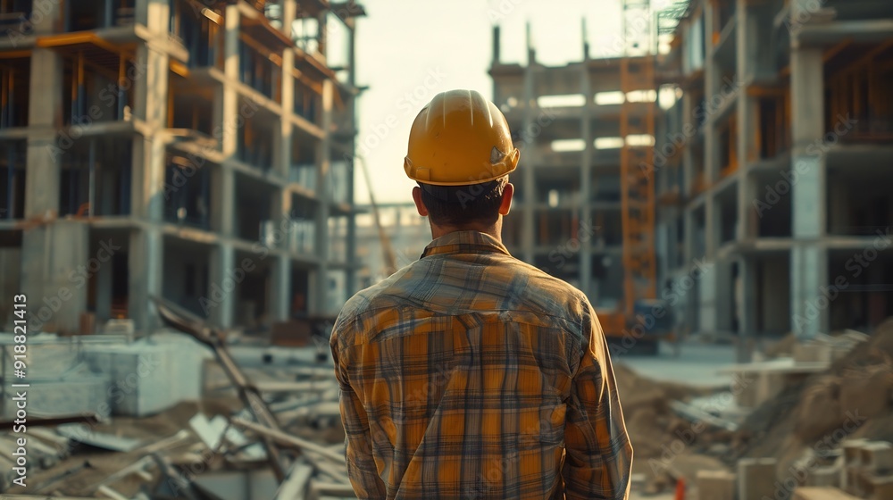 Man checking work process on construction site working : Generative AI Man checking work process on construction site working : Generative AI