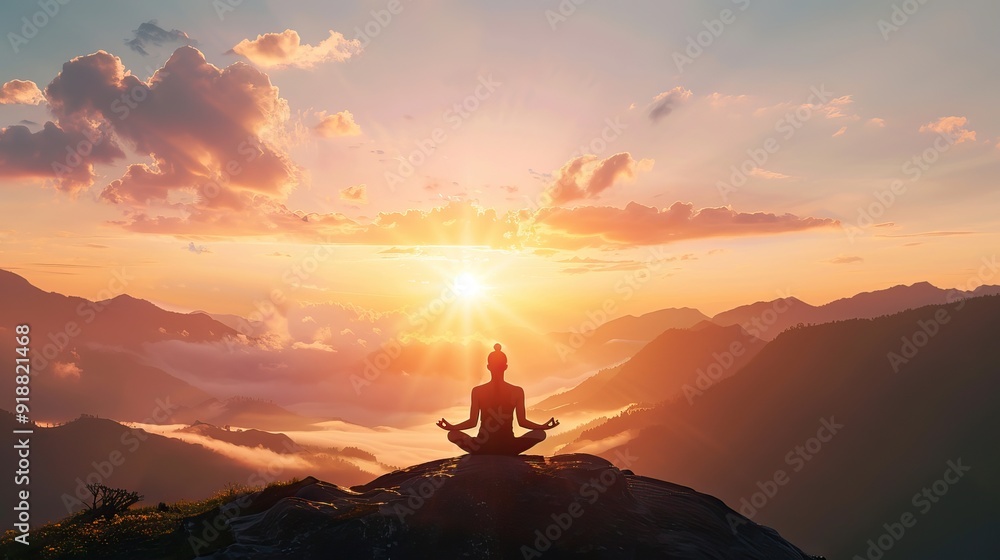 Calm and peaceful meditation at mountain's peak during sunset Calm and peaceful meditation at mountain's peak during sunset