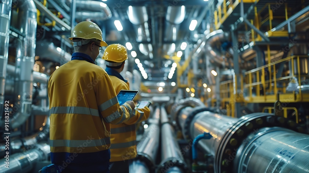 Heavyduty industrial engineers stand in a pipeline manufacturing facility using digital tablet computers for the construction of products to transport oil gas and fuel : Generative AI Heavyduty industrial engineers stand in a pipeline manufacturing facility using digital tablet computers for the construction of products to transport oil gas and fuel : Generative AI
